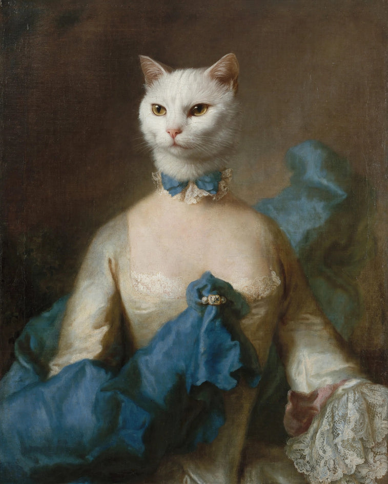 Quadro personalizado de gata branca como condessa em vestido azul