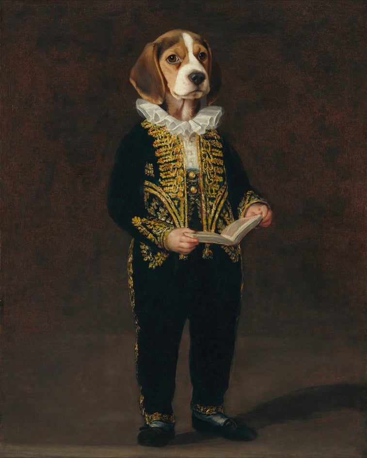 Quadro personalizado de cachorro beagle estudante de uniforme dourado