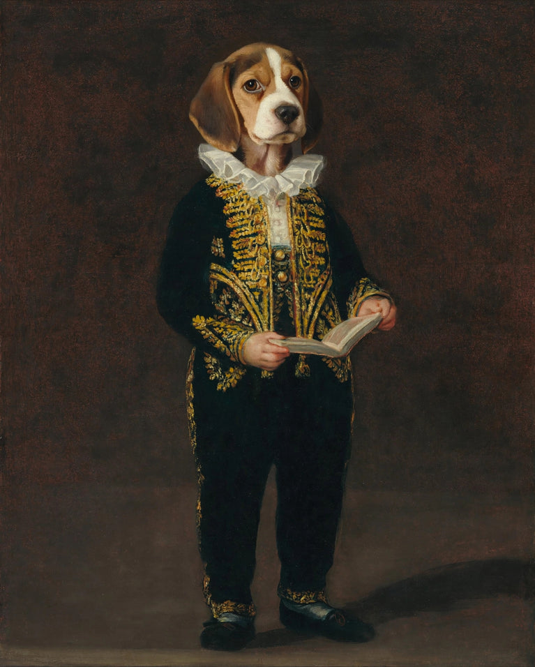 Quadro personalizado de cachorro beagle estudante de uniforme dourado