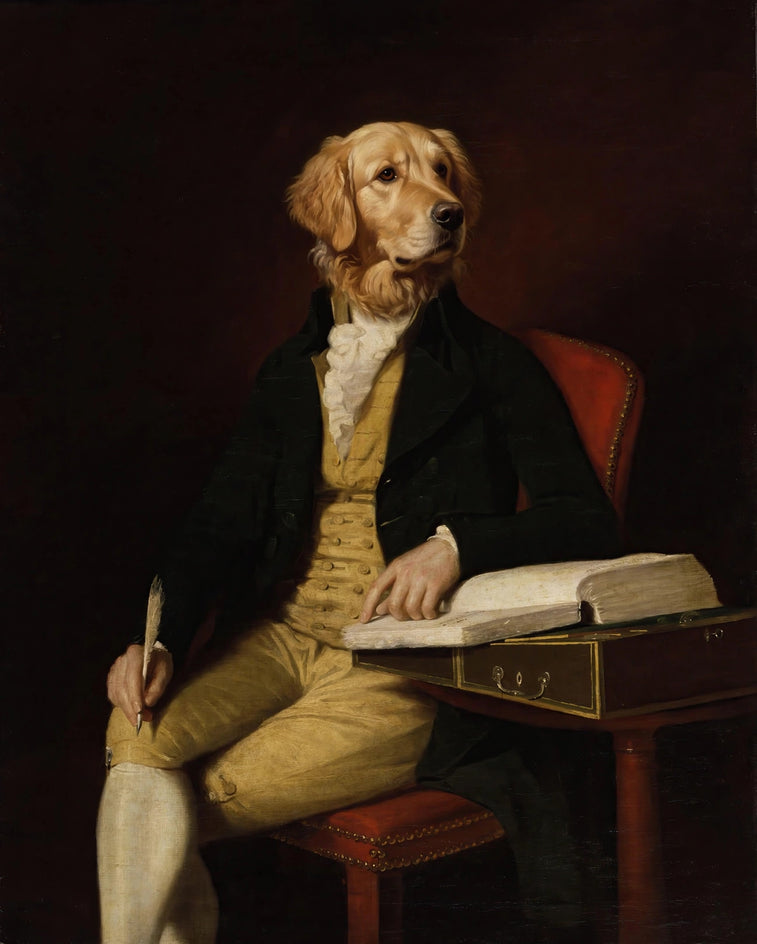 Quadro personalizado de cachorro golden retriever como escritor com colete amarelo