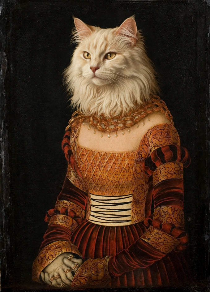 Quadro personalizado de gata creme como baronesa em brocado laranja