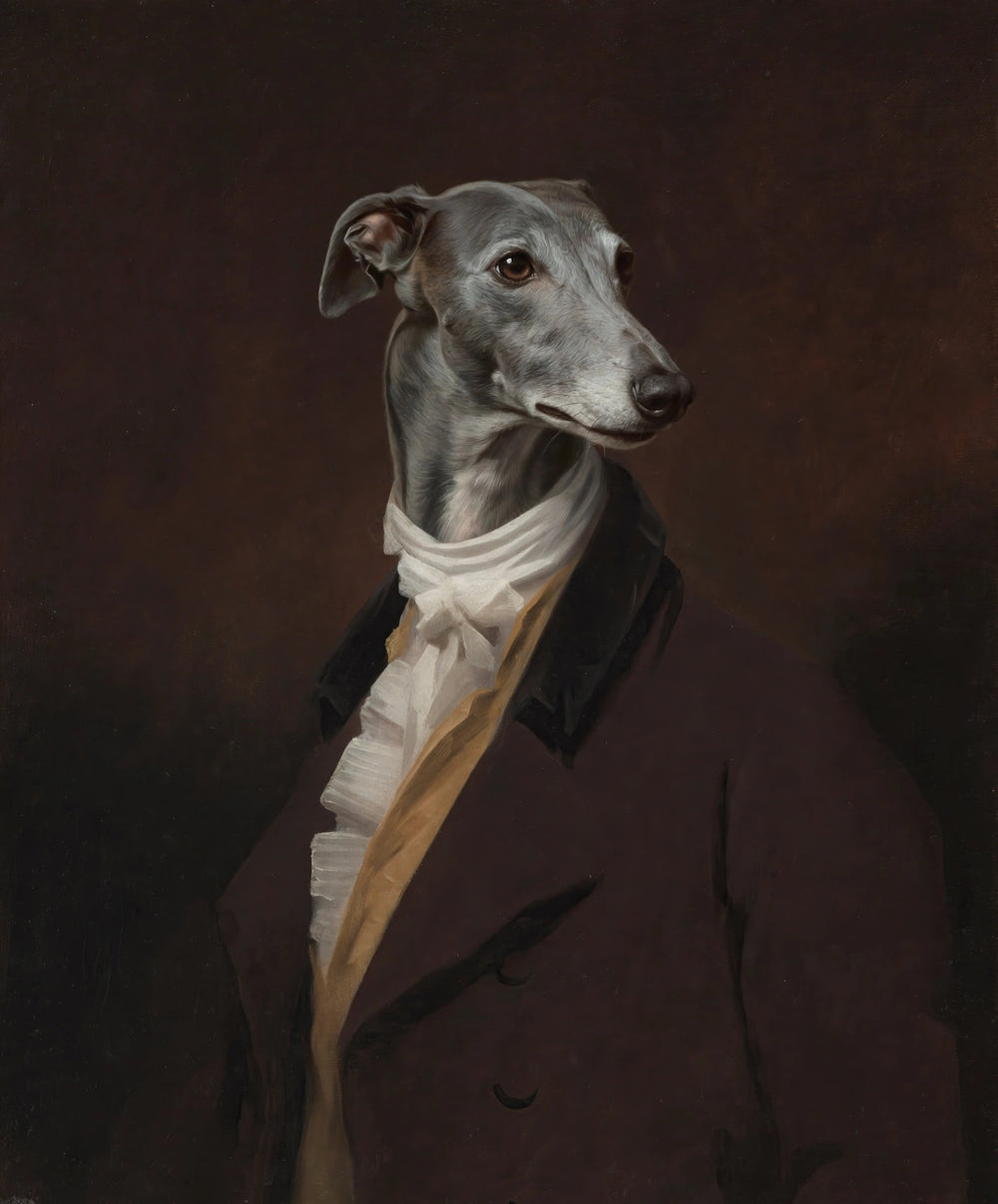 Quadro personalizado de cachorro galgo com casaco marrom e gravata branca