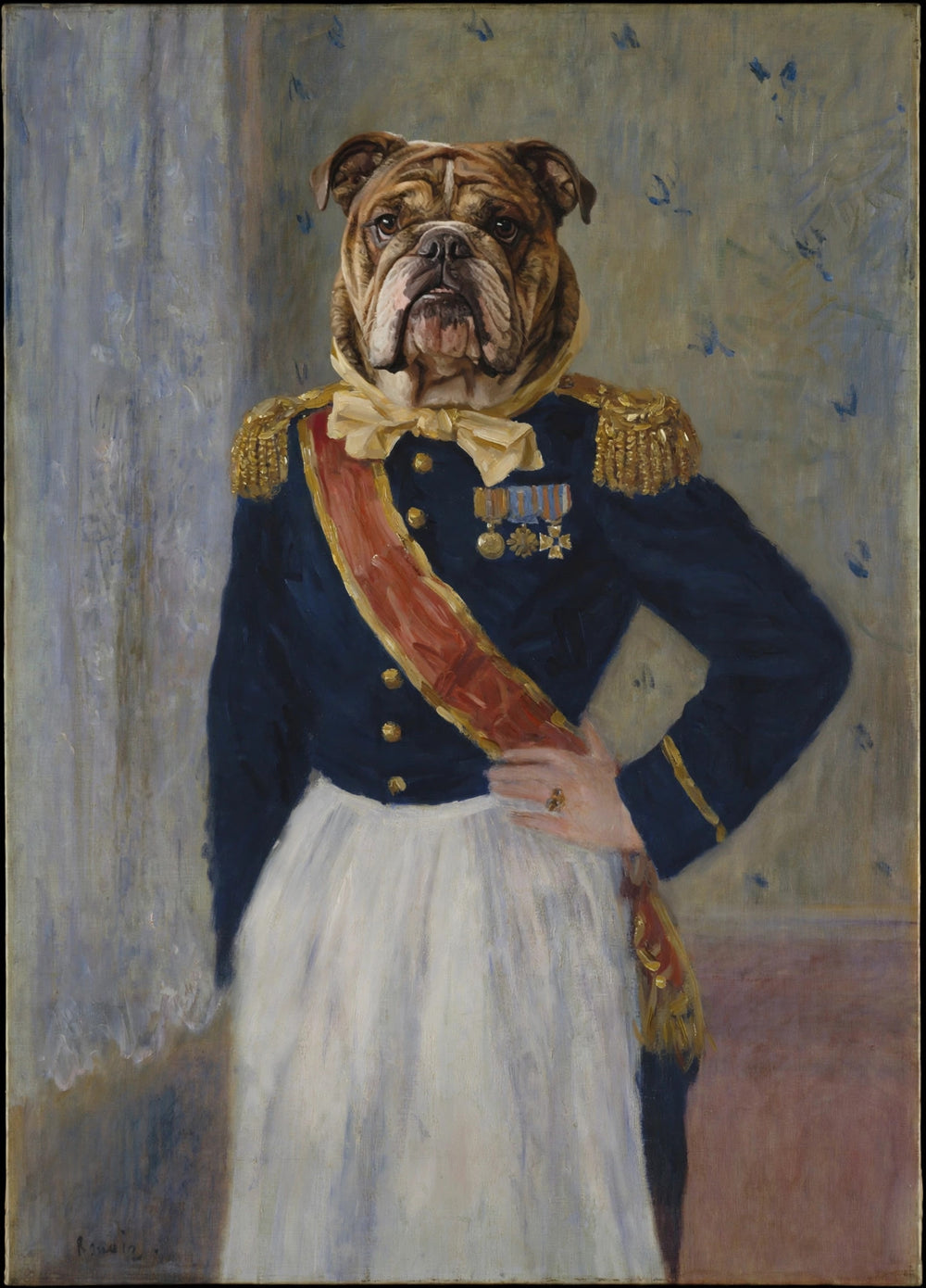 Quadro personalizado de cachorro bulldog inglês de avental branco