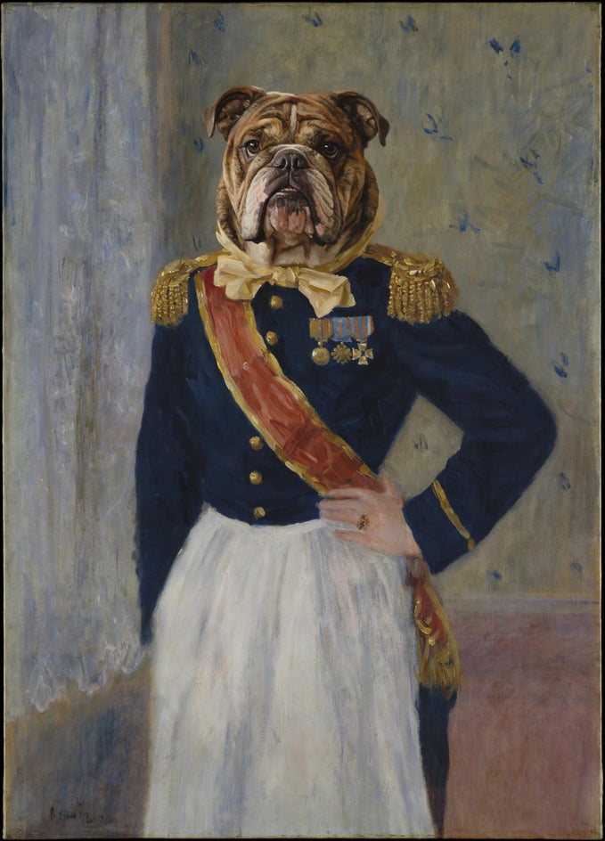 Quadro personalizado de cachorro bulldog inglês de avental branco