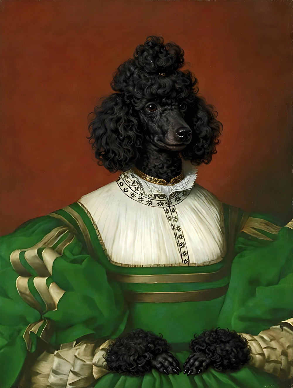 Quadro personalizado de cachorro com vestido verde-esmeralda renascentista com faixas douradas e gola de renda branca