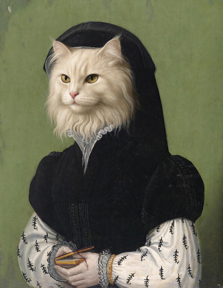 Quadro personalizado de gata branca como viúva com véu negro