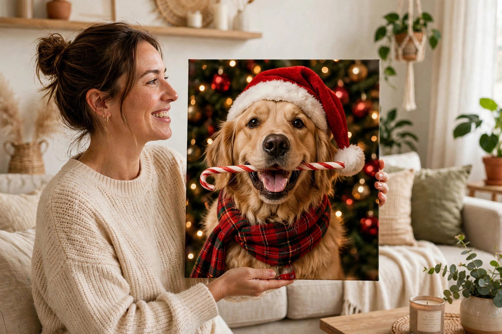 Pessoa segurando o quadro Quadro de Natal Personalizado — Bengala Doce no tamanho grande
