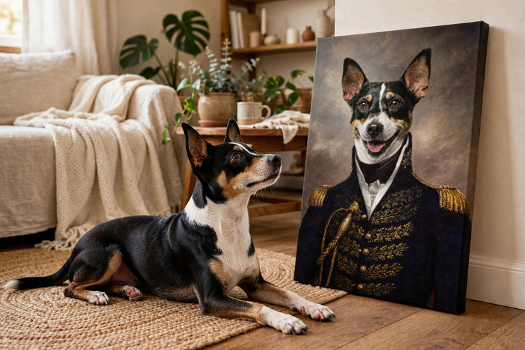 Pet ao lado do proprio retrato no quadro Conde Elegante — Retrato Real Personalizado para Pet