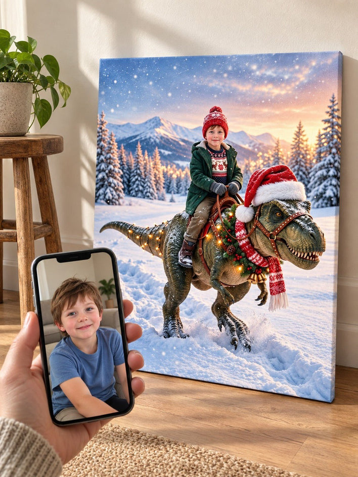 Menino no T-Rex de Natal - SUA FOTO VIROU ARTE