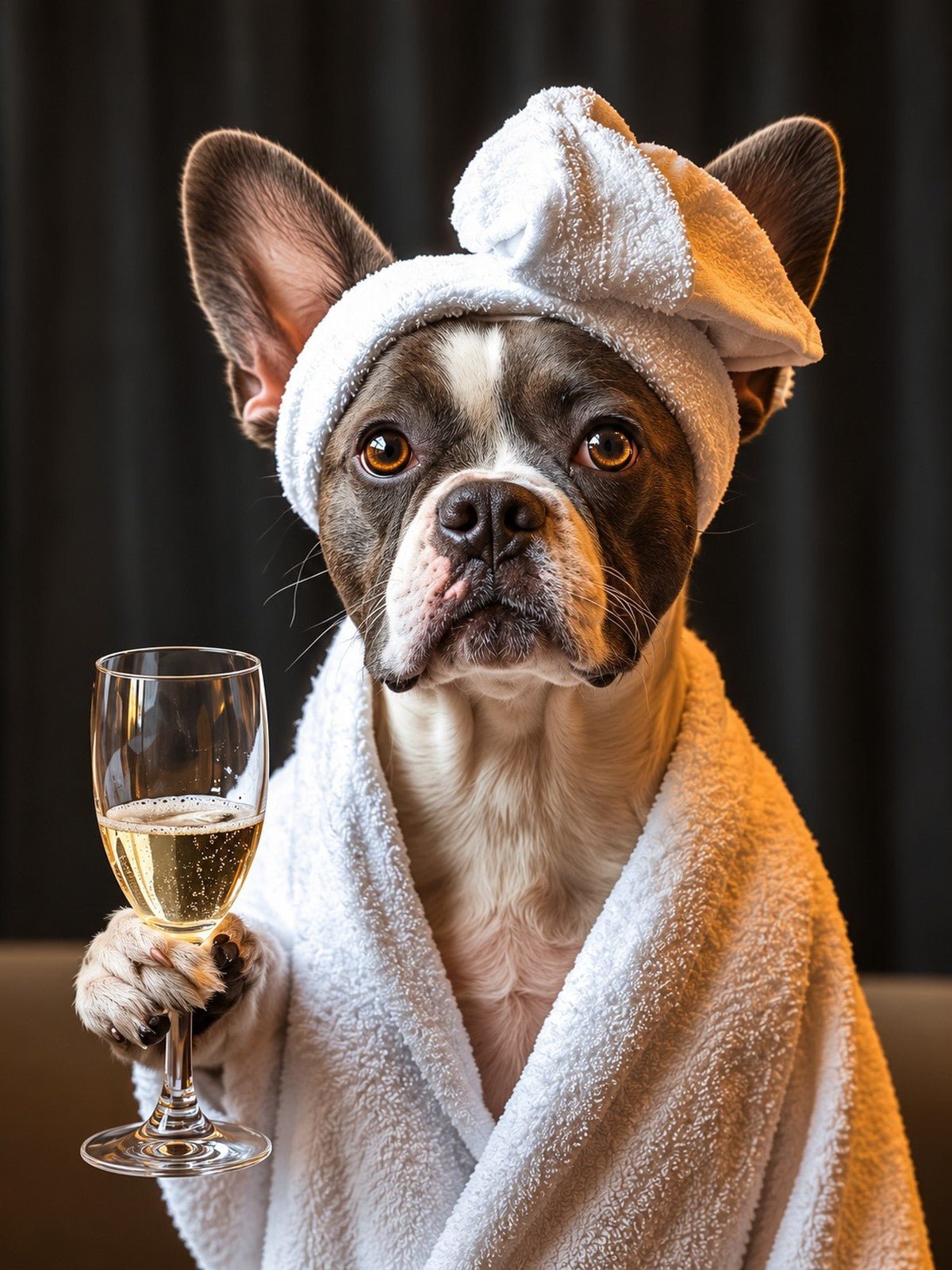 Bulldog Francês de Roupão com Champanhe