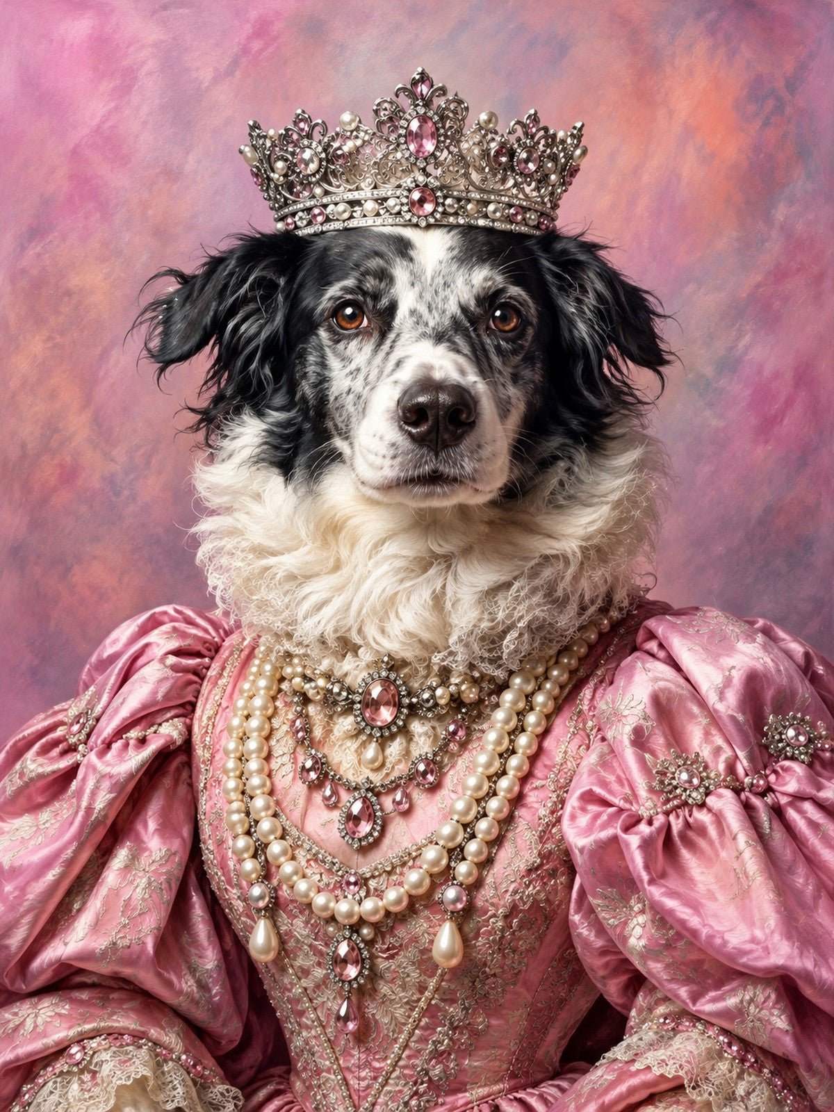 Cadela Rainha de Vestido Rosa e Coroa