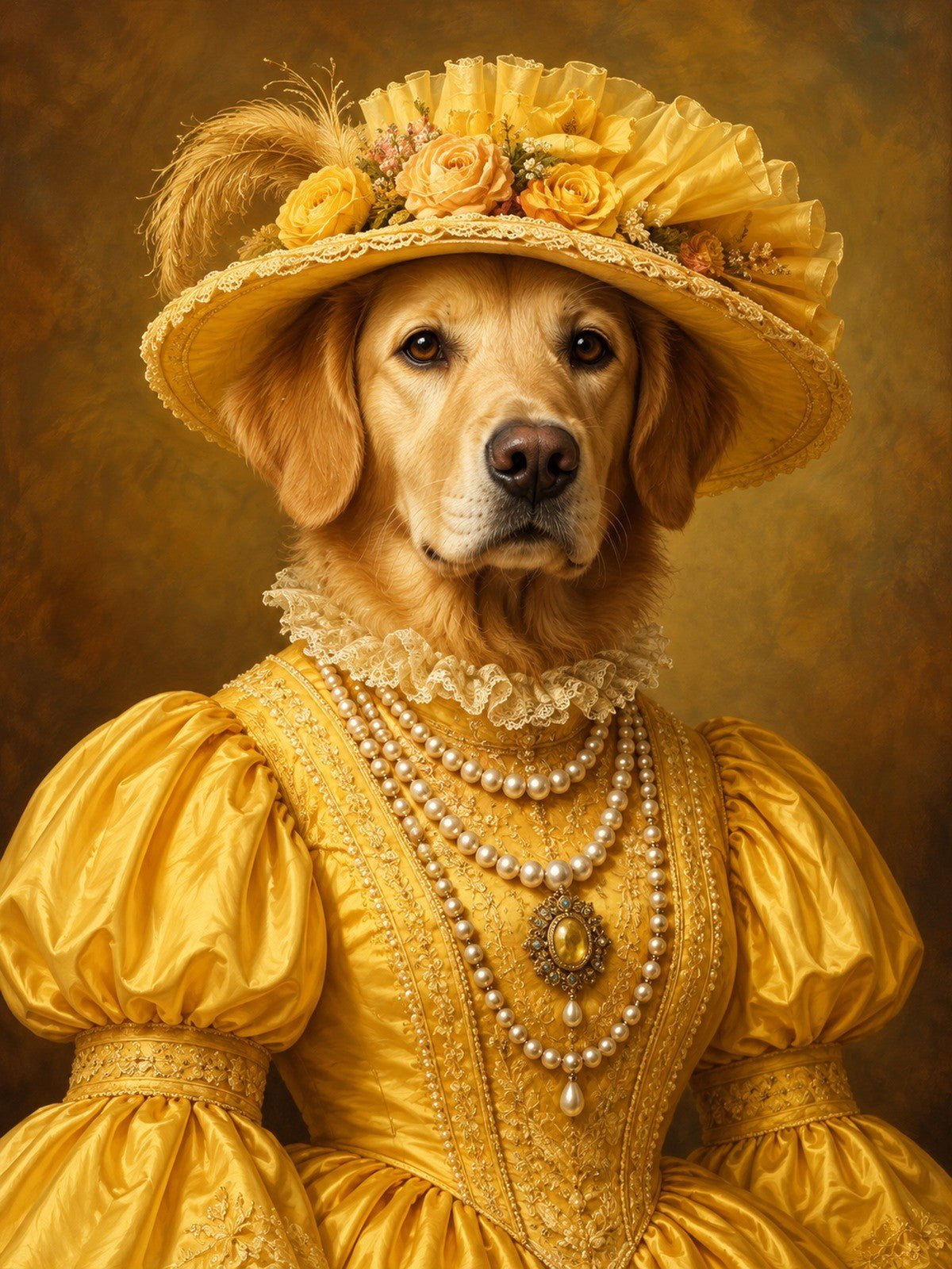 Golden Dama de Vestido Amarelo e Chapéu de Rosas