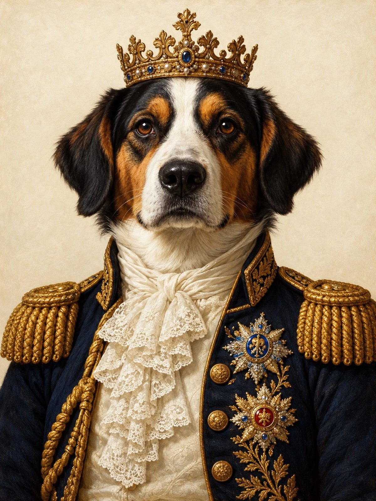 Cão Rei de Coroa e Uniforme Azul