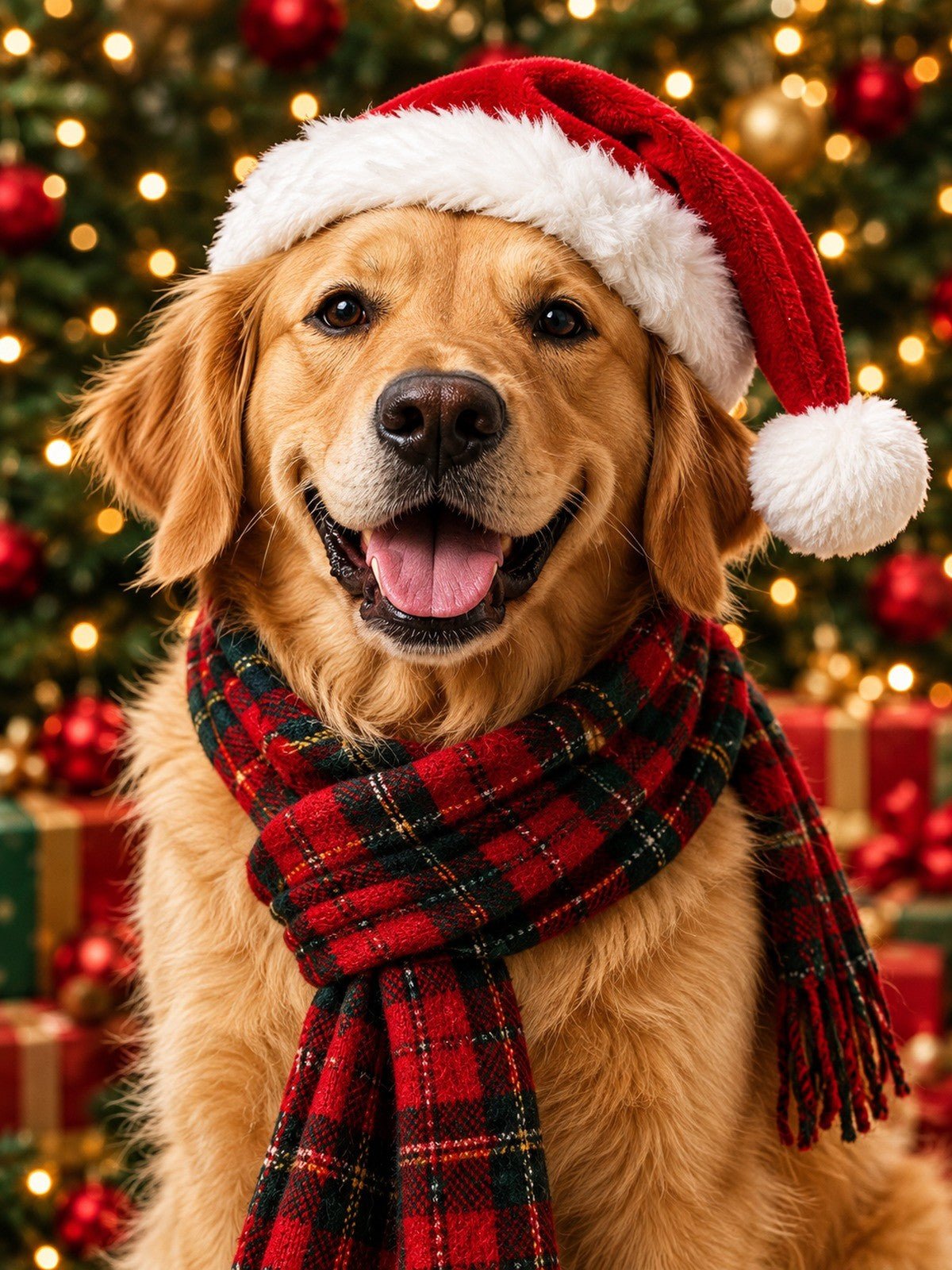 Golden de Natal com Cachecol Xadrez