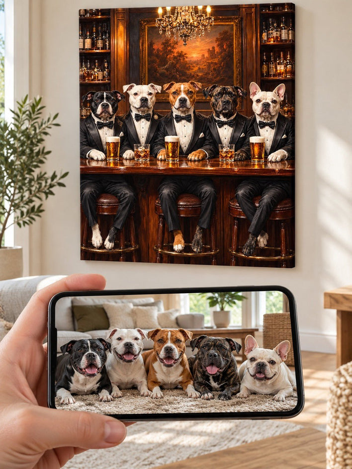 Cinco Cães de Smoking no Bar - SUA FOTO VIROU ARTE