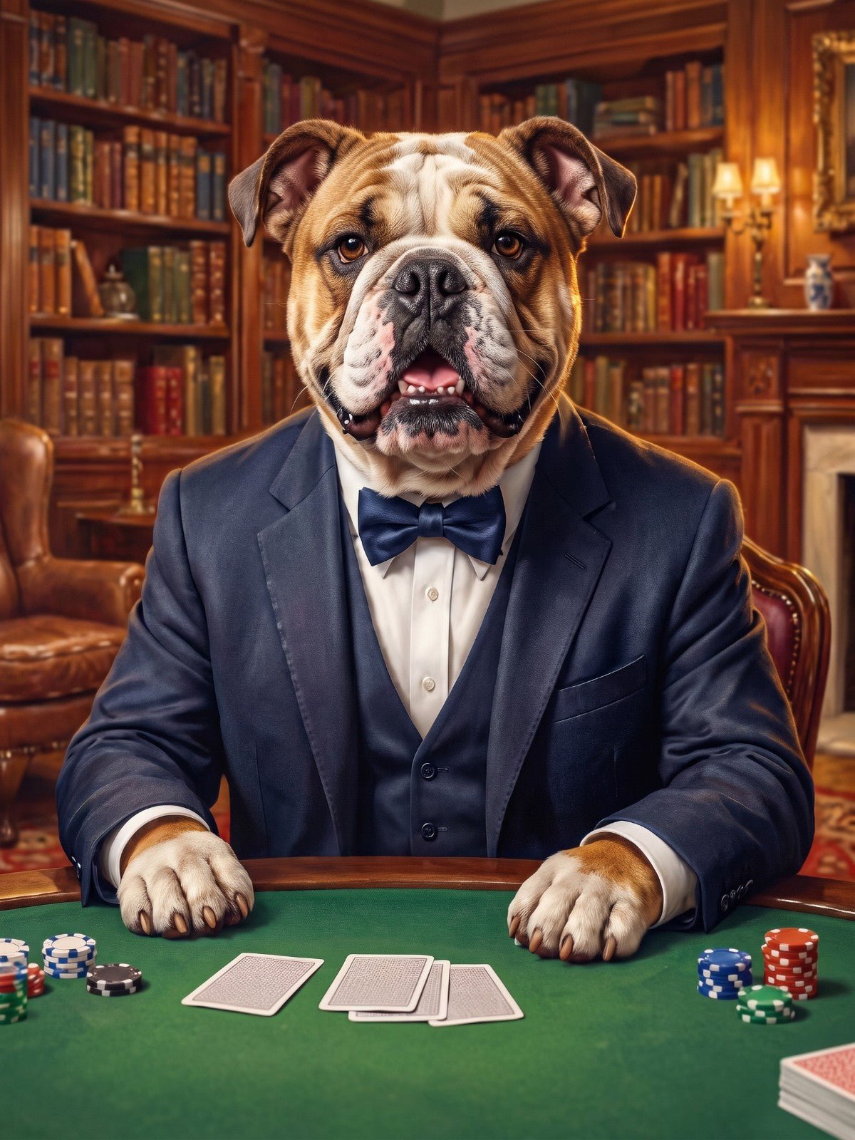 Bulldog Inglês Jogador de Pôquer de Terno Azul