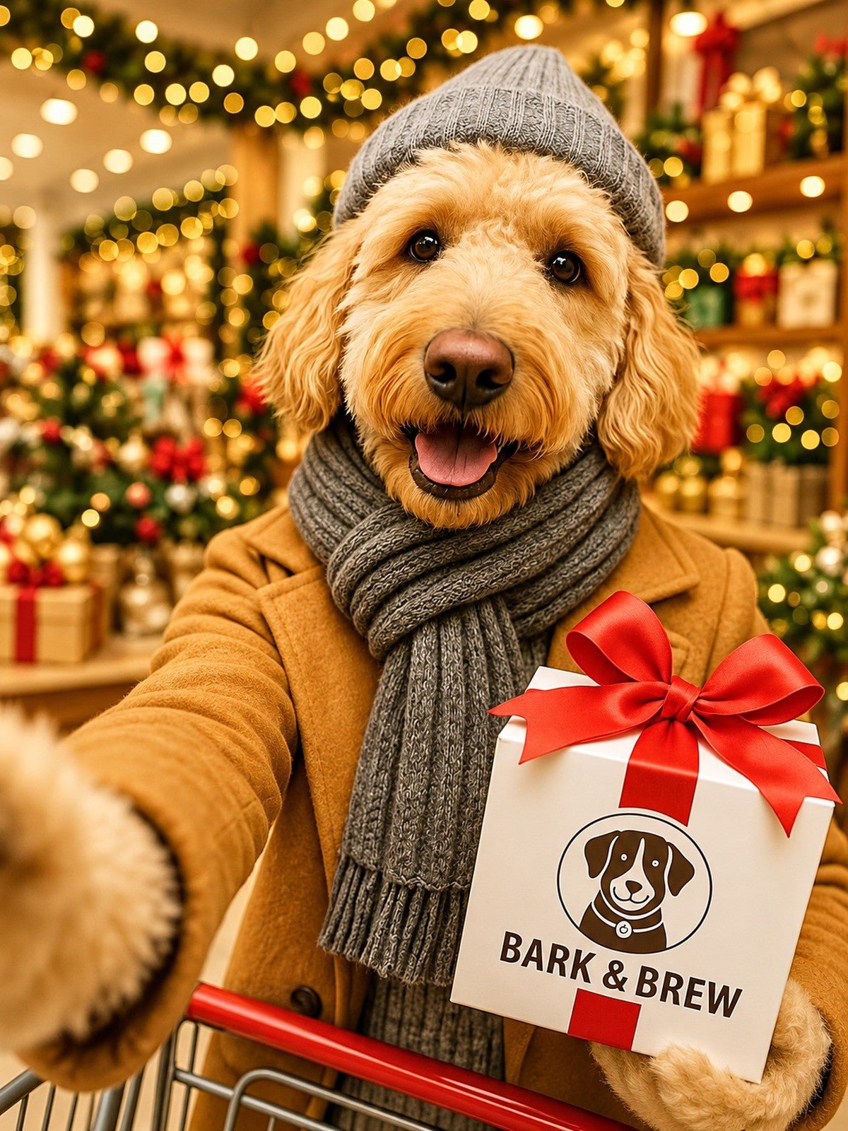 Goldendoodle de Natal com Caixa de Presente