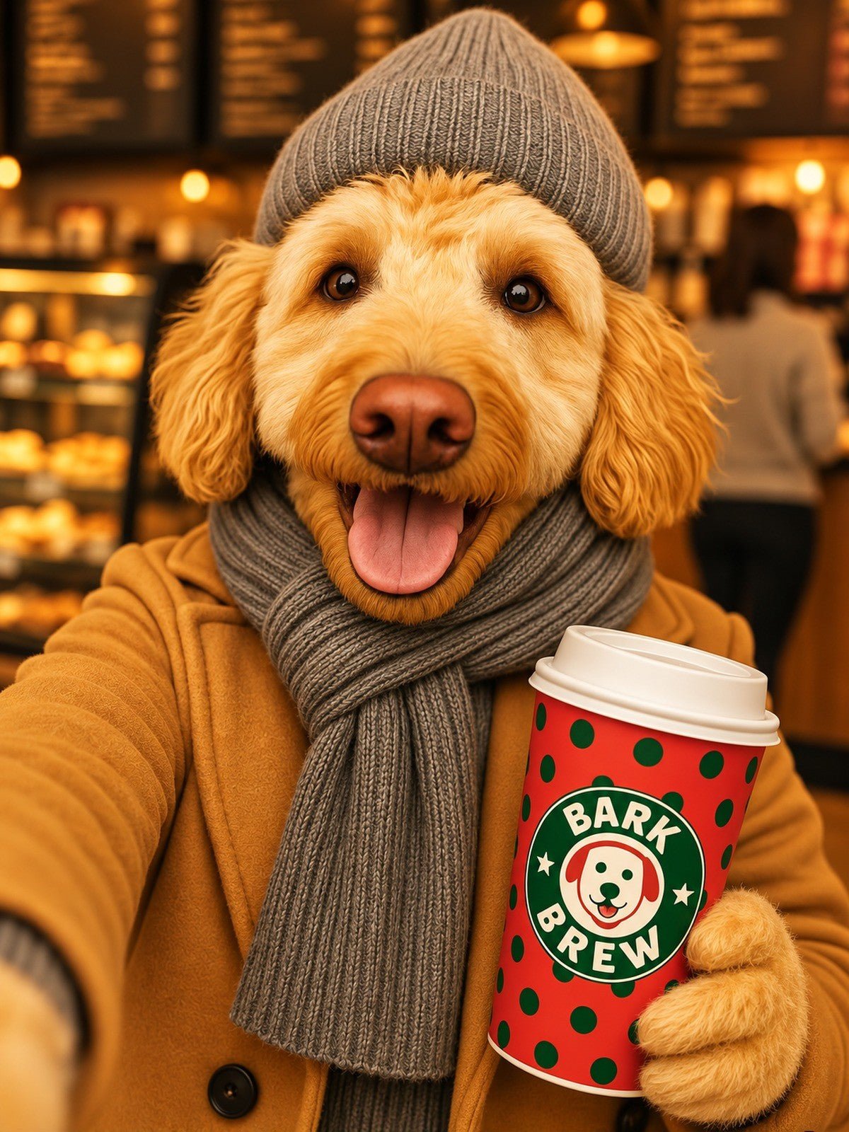 Goldendoodle de Natal com Copo de Café