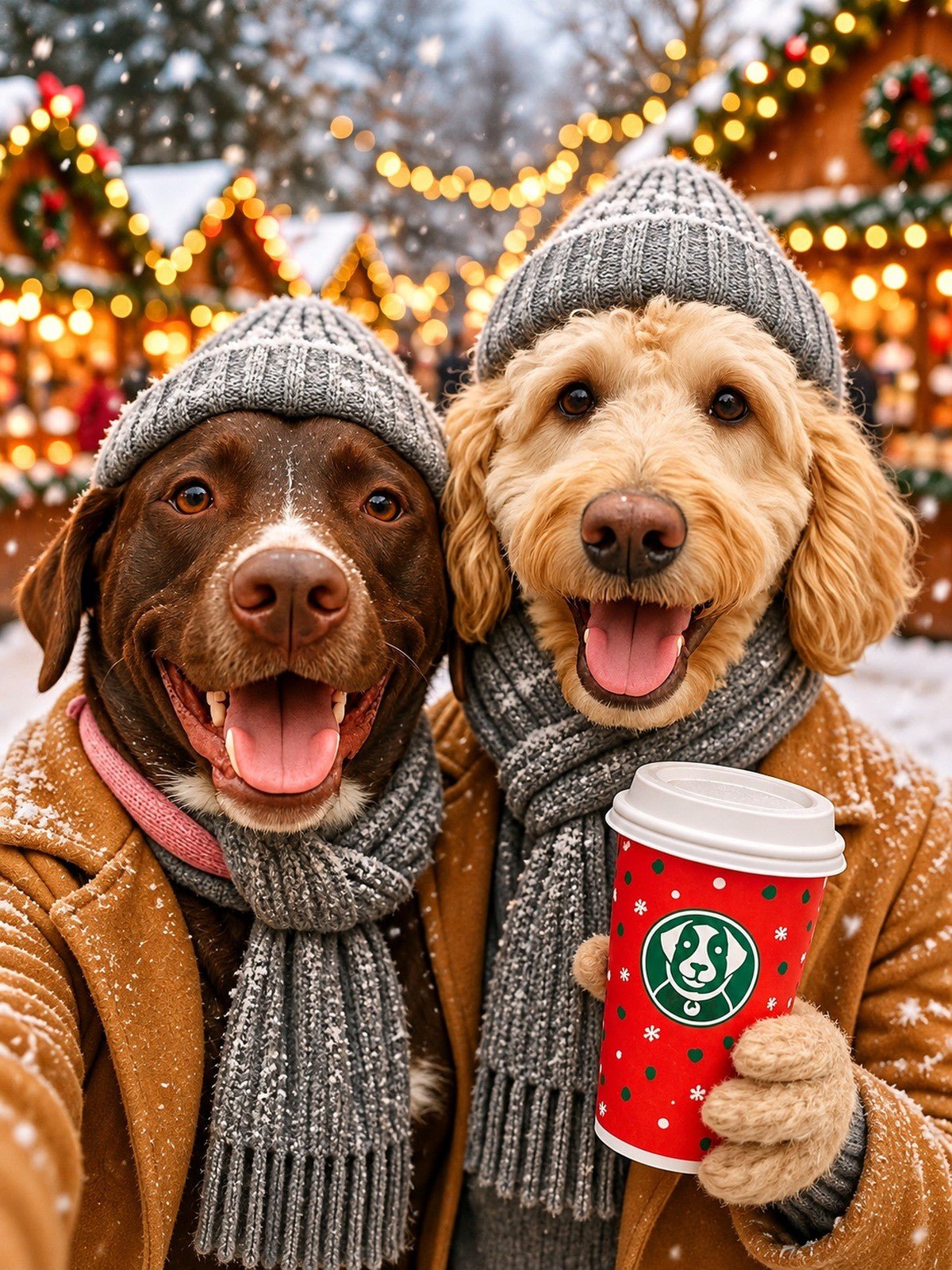 Labrador e Goldendoodle no Mercado de Natal
