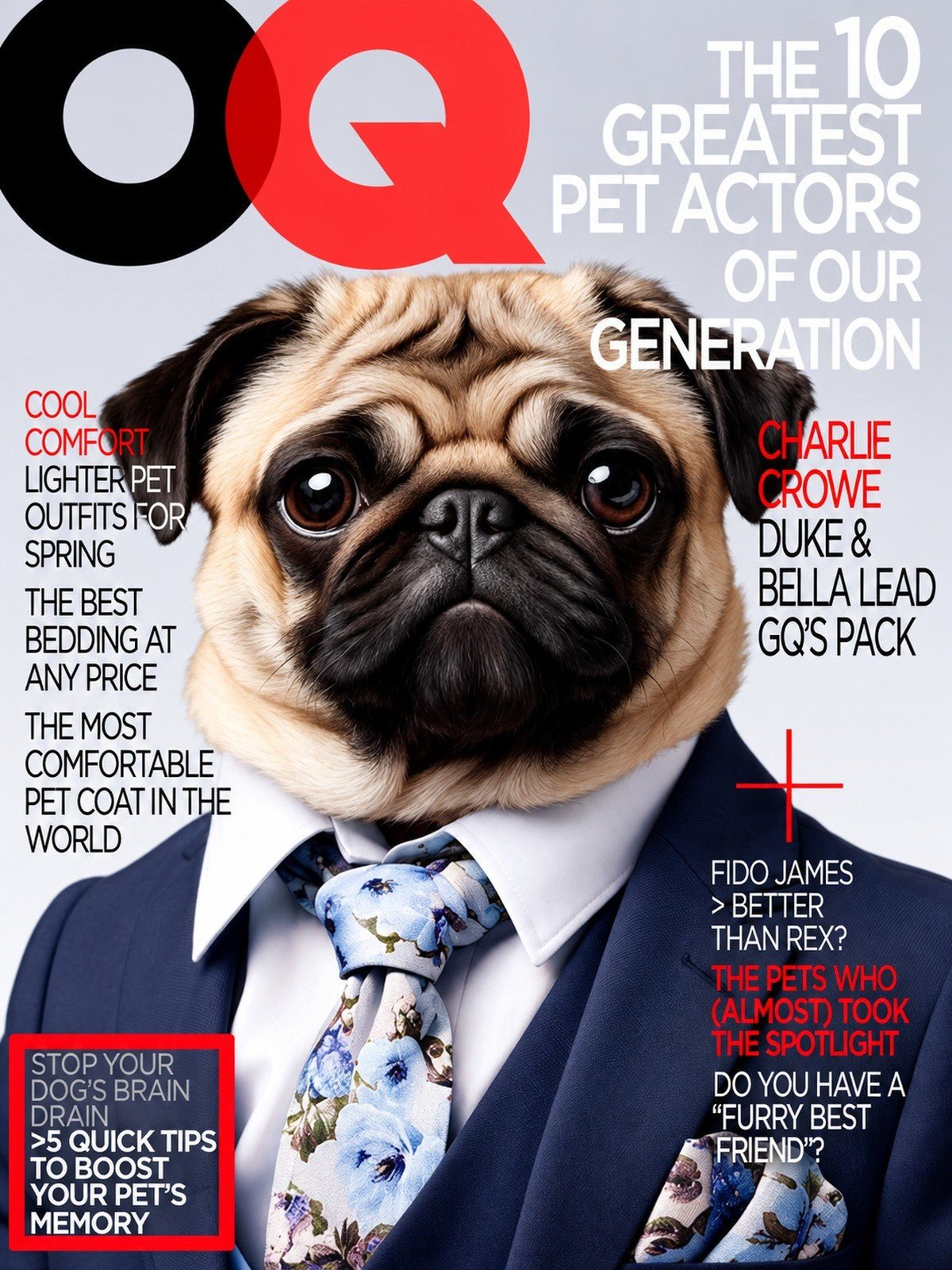 Pug Capa de Revista de Terno e Gravata Floral