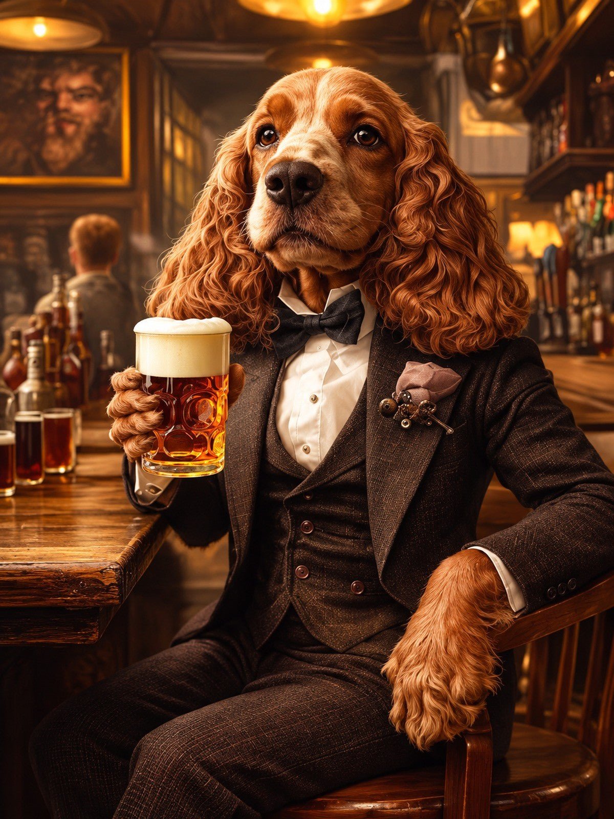 Cocker de Terno no Pub com Cerveja