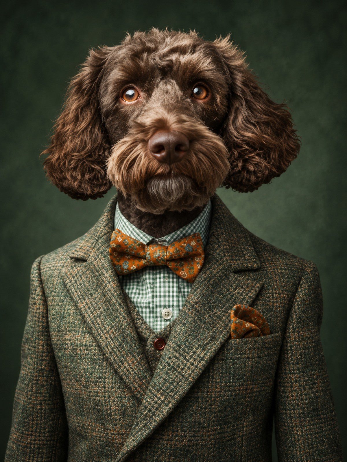 Cão Chocolate de Terno Tweed e Gravata Borboleta