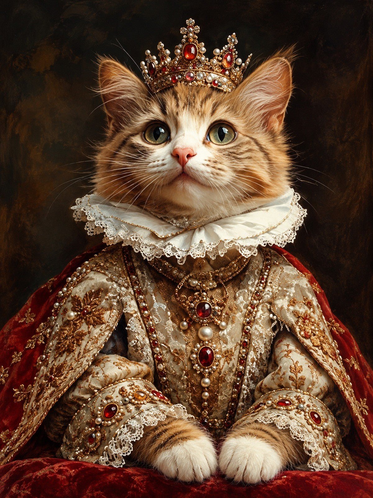 Gata Rainha de Coroa de Rubis e Vestido Dourado