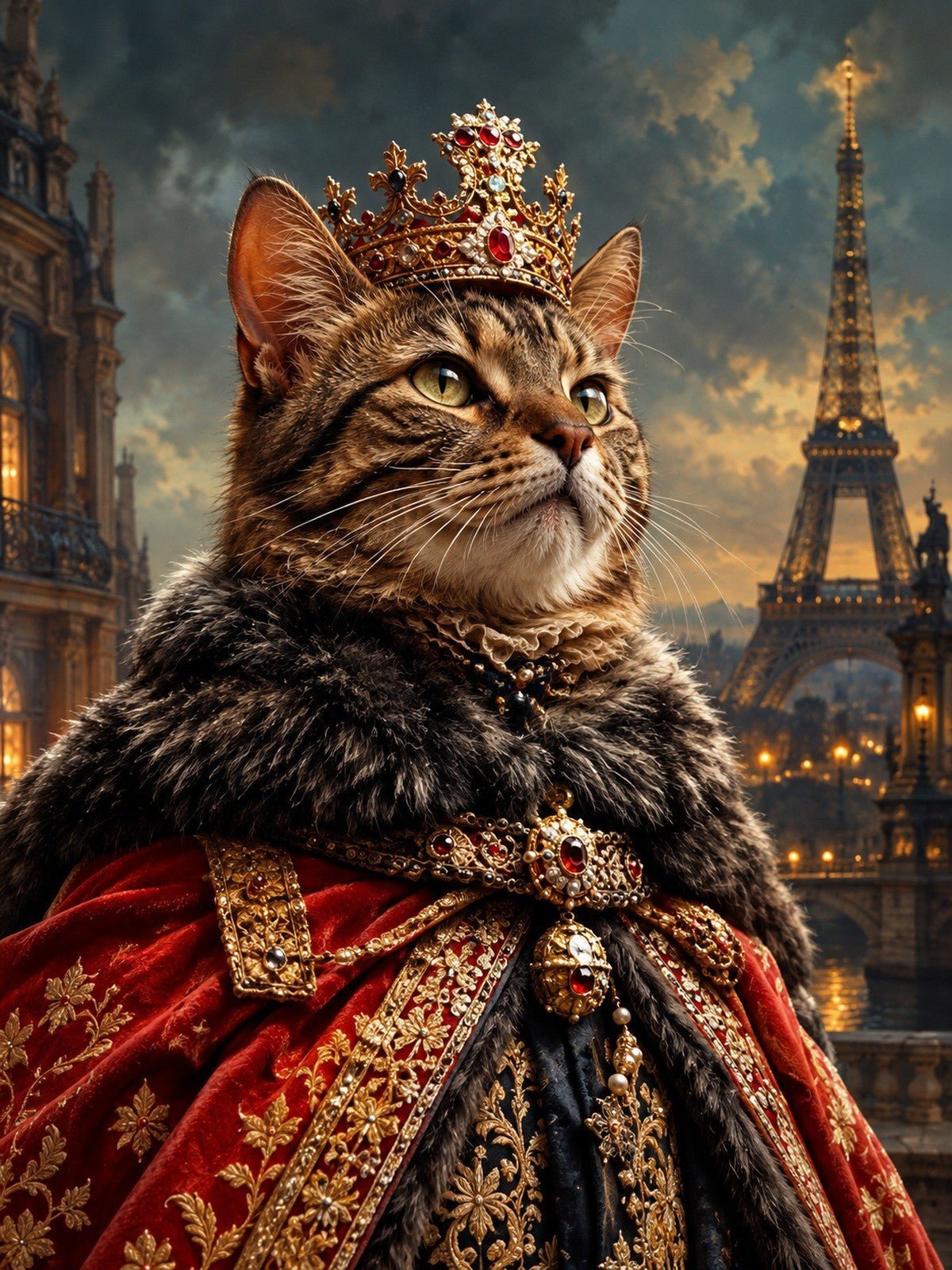 Gato Rei em Paris de Capa Vermelha