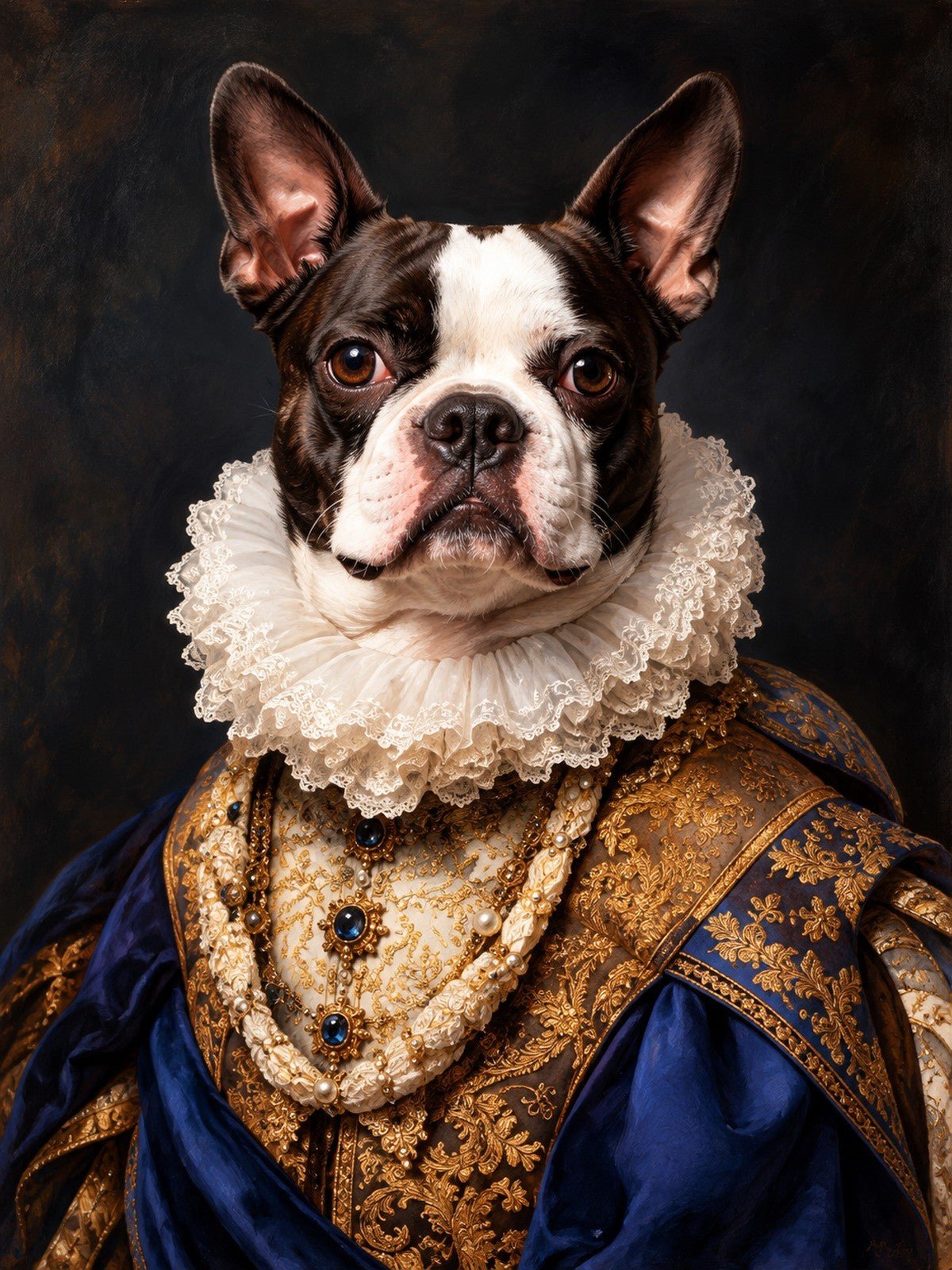 Boston Terrier de Gola de Renda e Brocado Azul com Colar