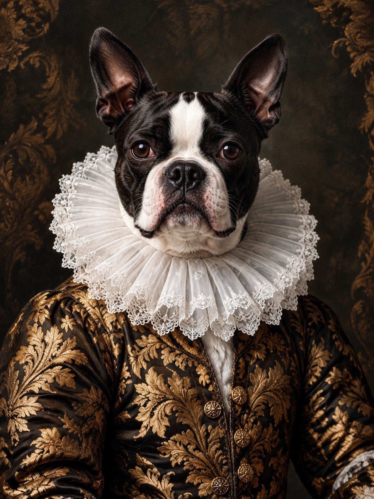 Boston Terrier de Brocado Preto e Dourado com Gola de Renda