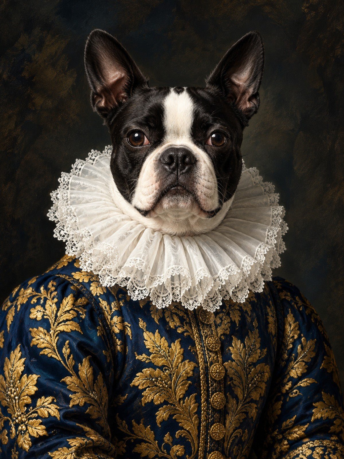 Boston Terrier de Brocado Azul e Dourado com Gola de Renda