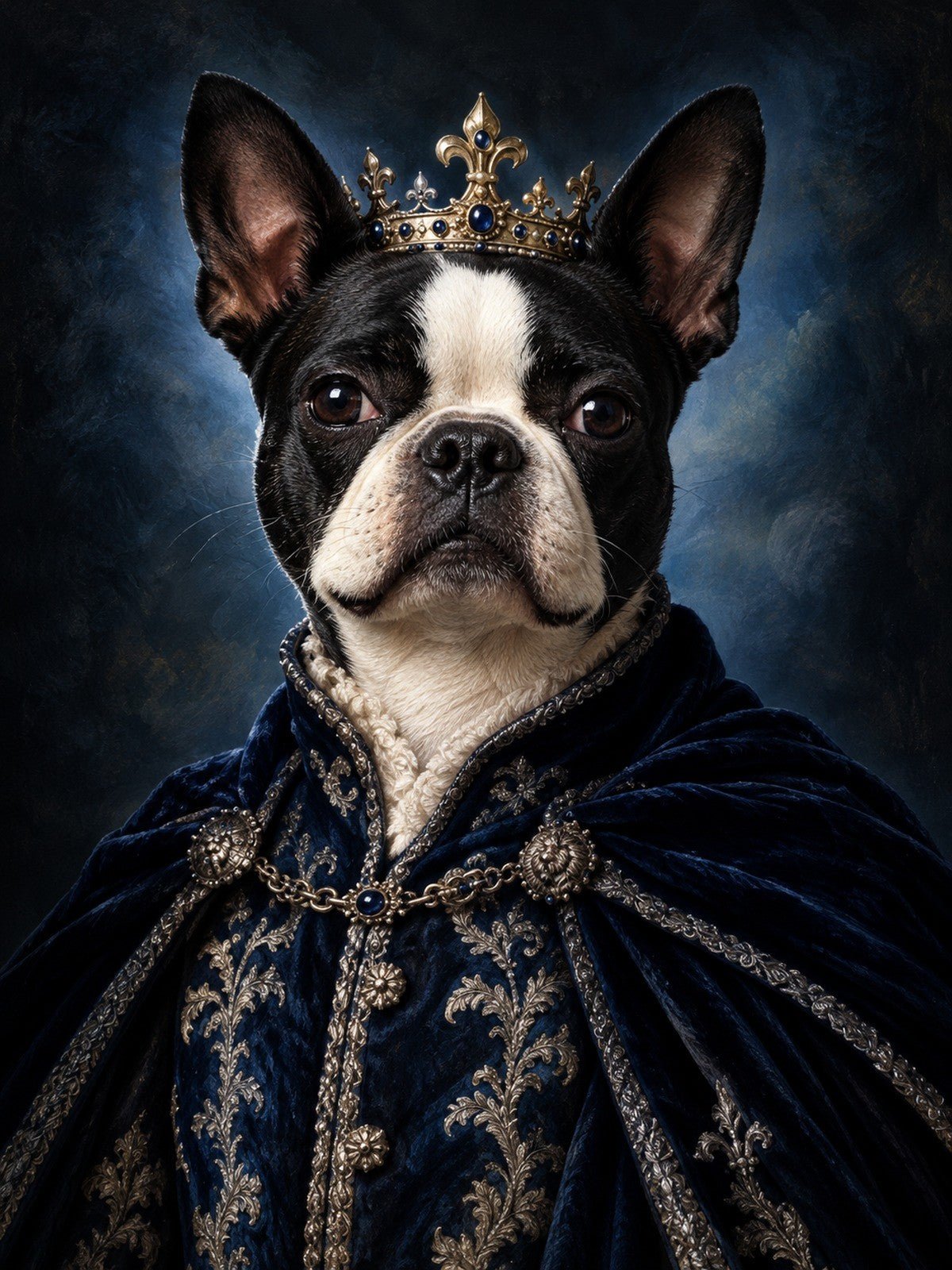 Boston Terrier Rei de Coroa e Capa Azul
