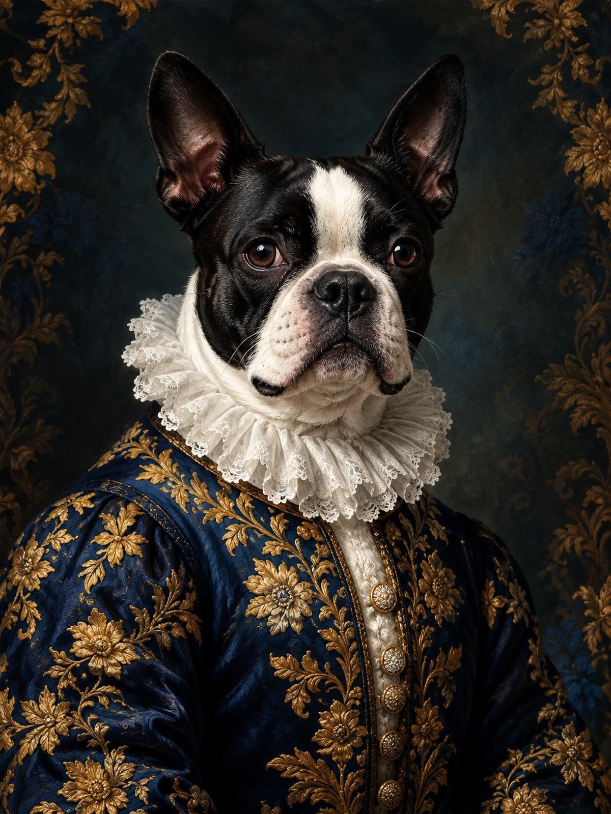 Boston Terrier de Vestido Azul com Flores Douradas