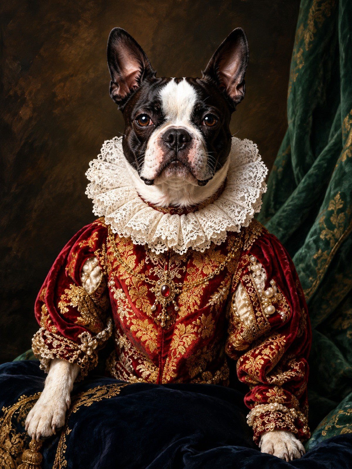 Boston Terrier de Vestido Vermelho com Pérolas