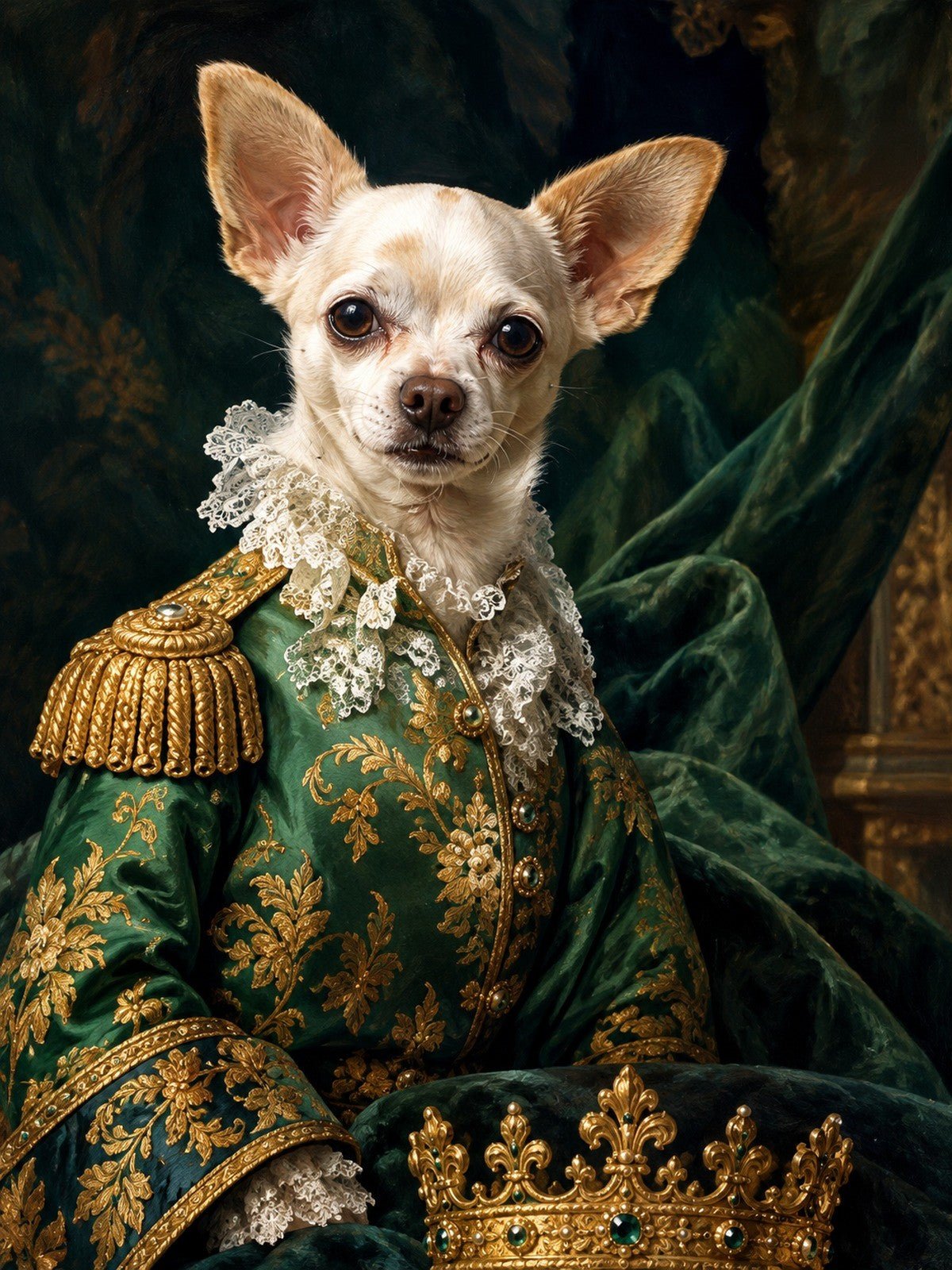 Chihuahua de Uniforme Verde com Coroa