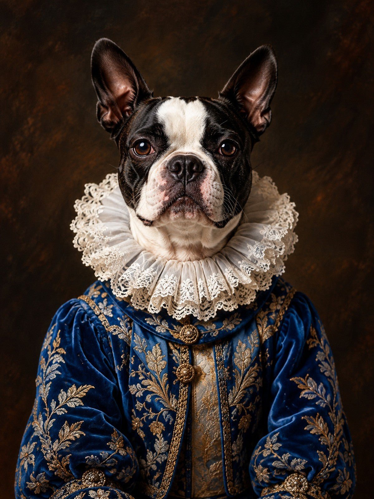 Boston Terrier de Veludo Azul com Gola de Renda
