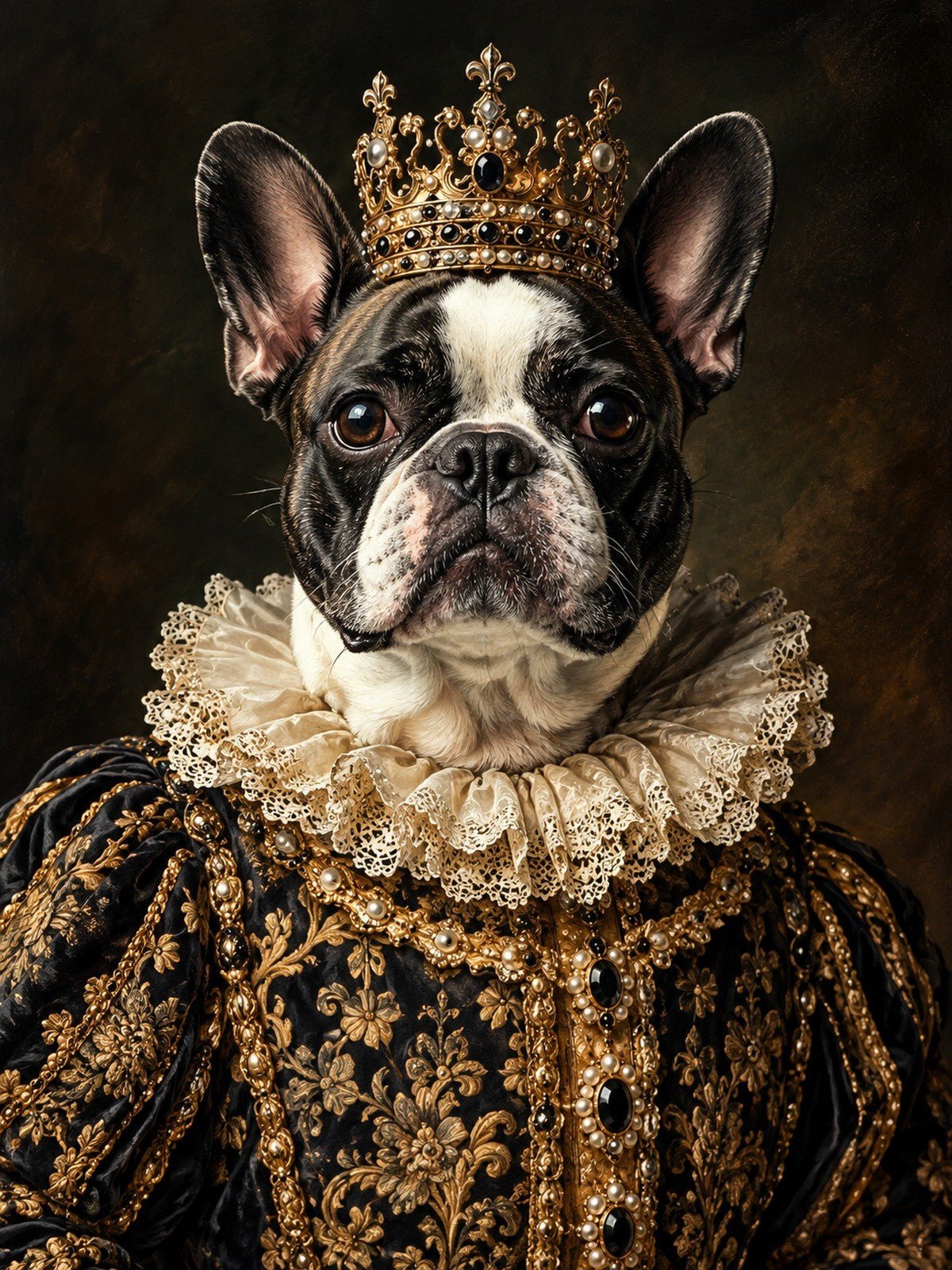 Bulldog Francês Rainha de Coroa e Vestido Preto e Dourado