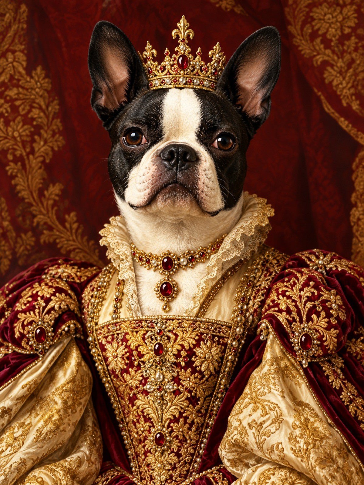 Boston Terrier Rainha de Coroa de Rubis e Vestido Vermelho