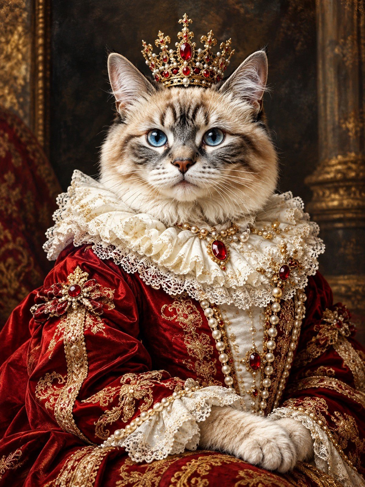 Gata de Olhos Azuis Rainha de Vestido Vermelho