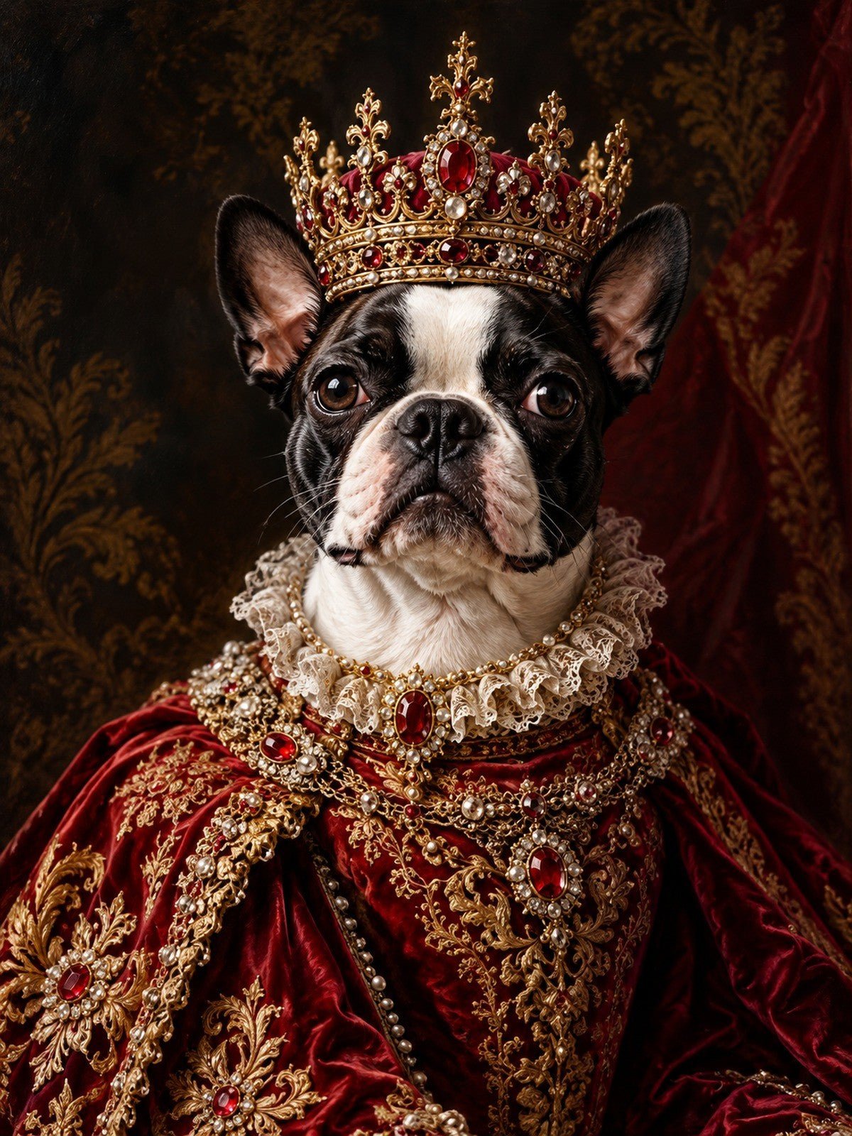 Boston Terrier Rei de Manto Vermelho e Coroa de Rubis