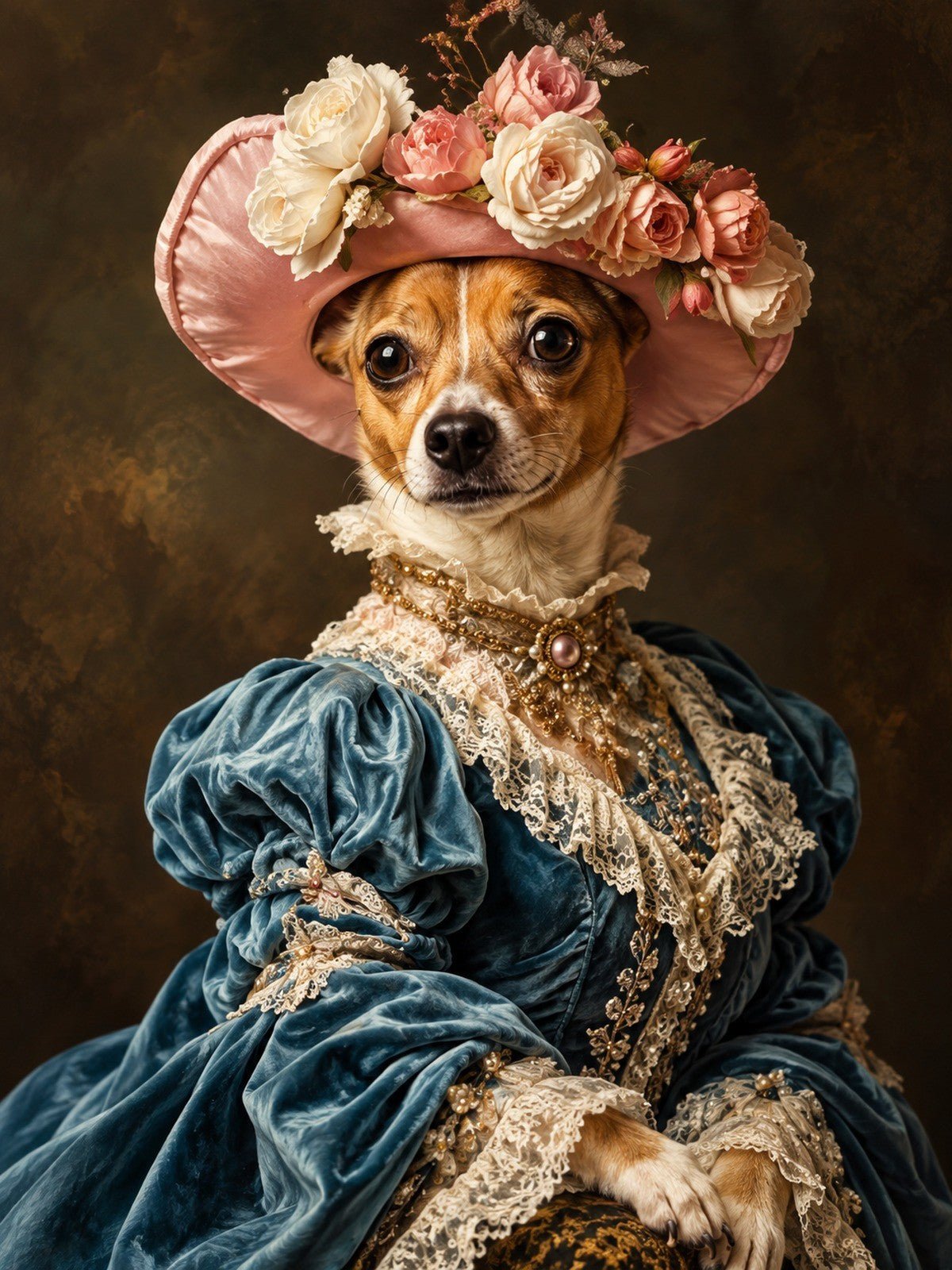Chihuahua de Chapéu Rosa com Flores e Vestido Azul