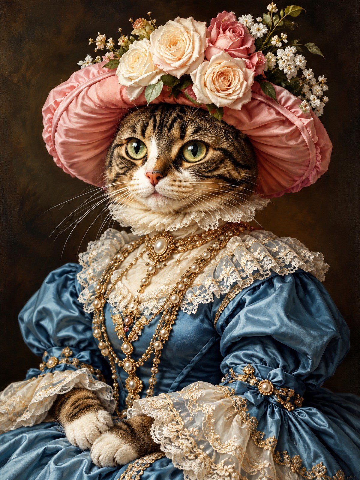 Gata Tigrada de Chapéu Rosa com Rosas e Vestido Azul