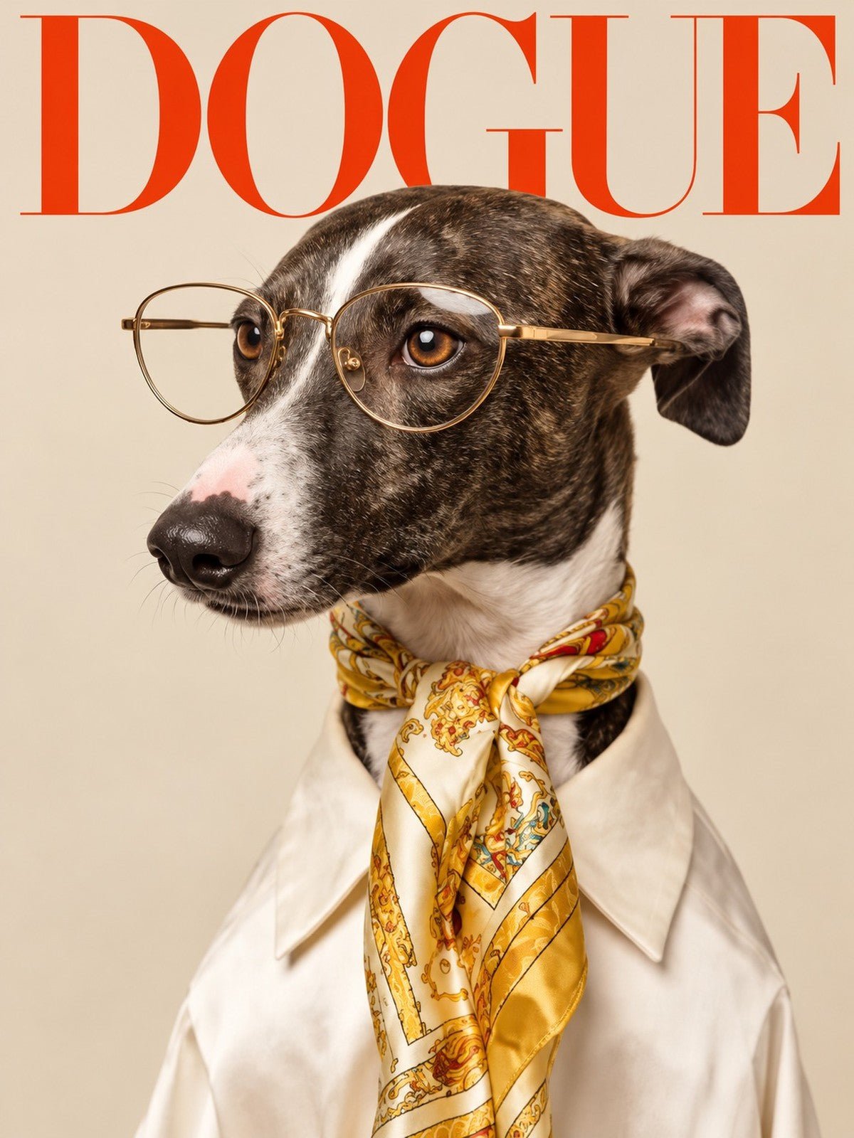 Whippet Capa de Revista Dogue de Óculos e Lenço Dourado