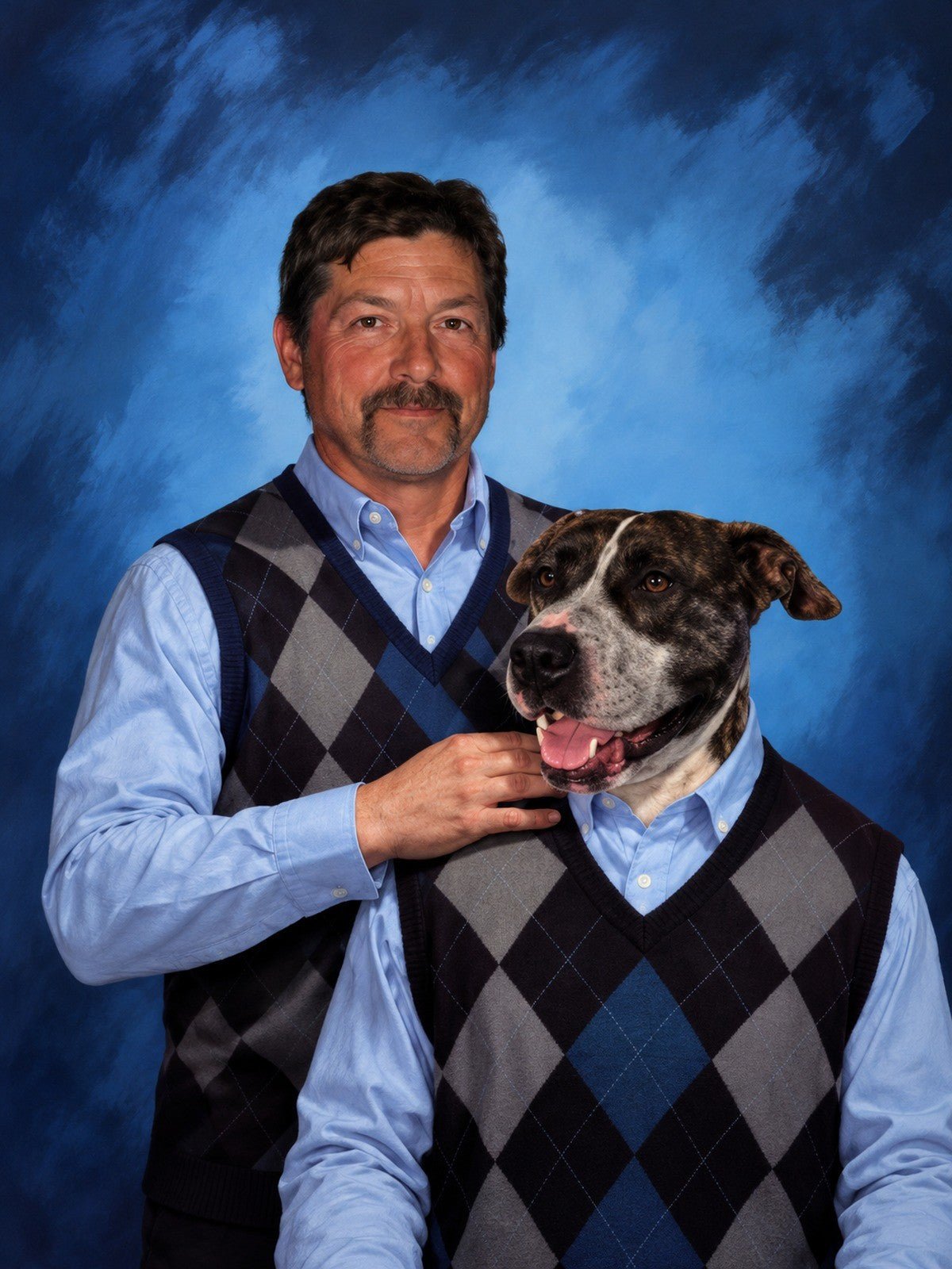 Homem e Pit Bull de Colete Argyle