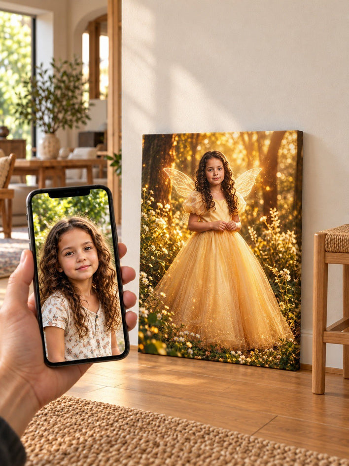 Menina Fada do Vestido Amarelo - SUA FOTO VIROU ARTE