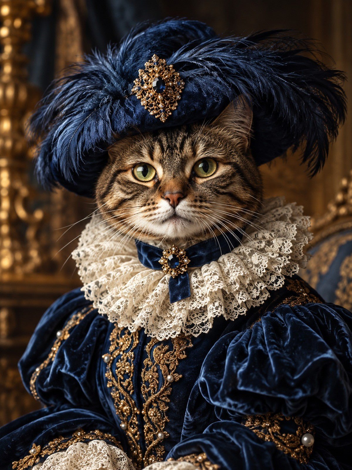 Gata Tigrada de Chapéu Azul com Plumas