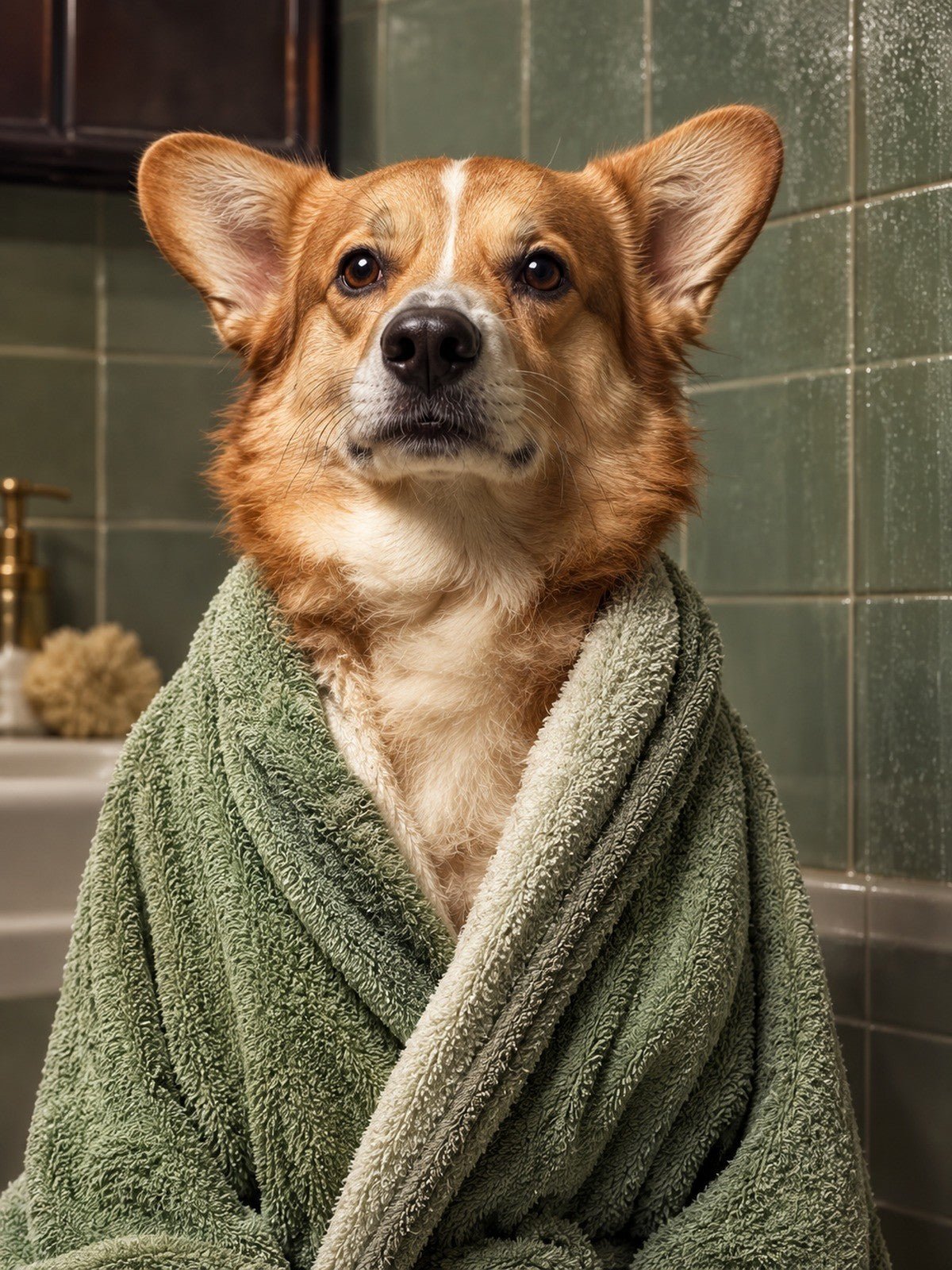 Corgi de Roupão Verde no Banheiro