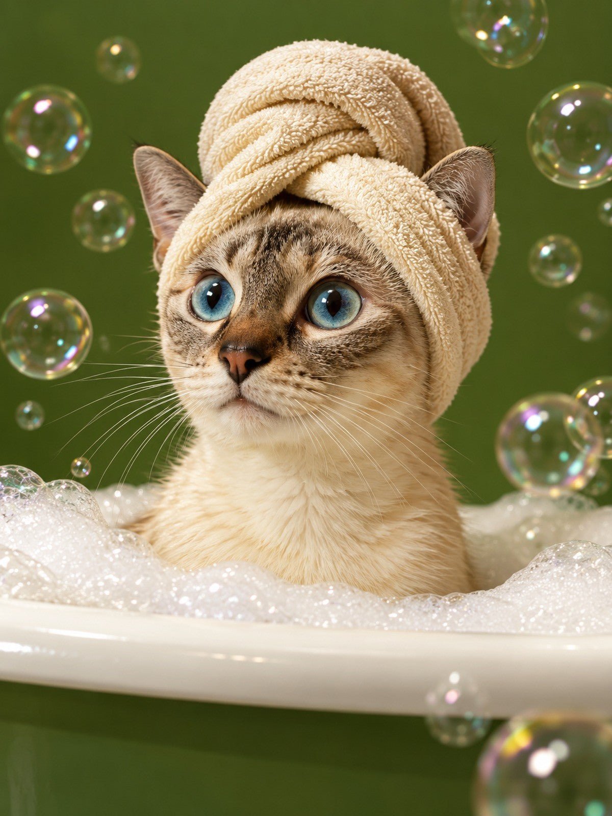 Gata Siamesa na Banheira de Bolhas