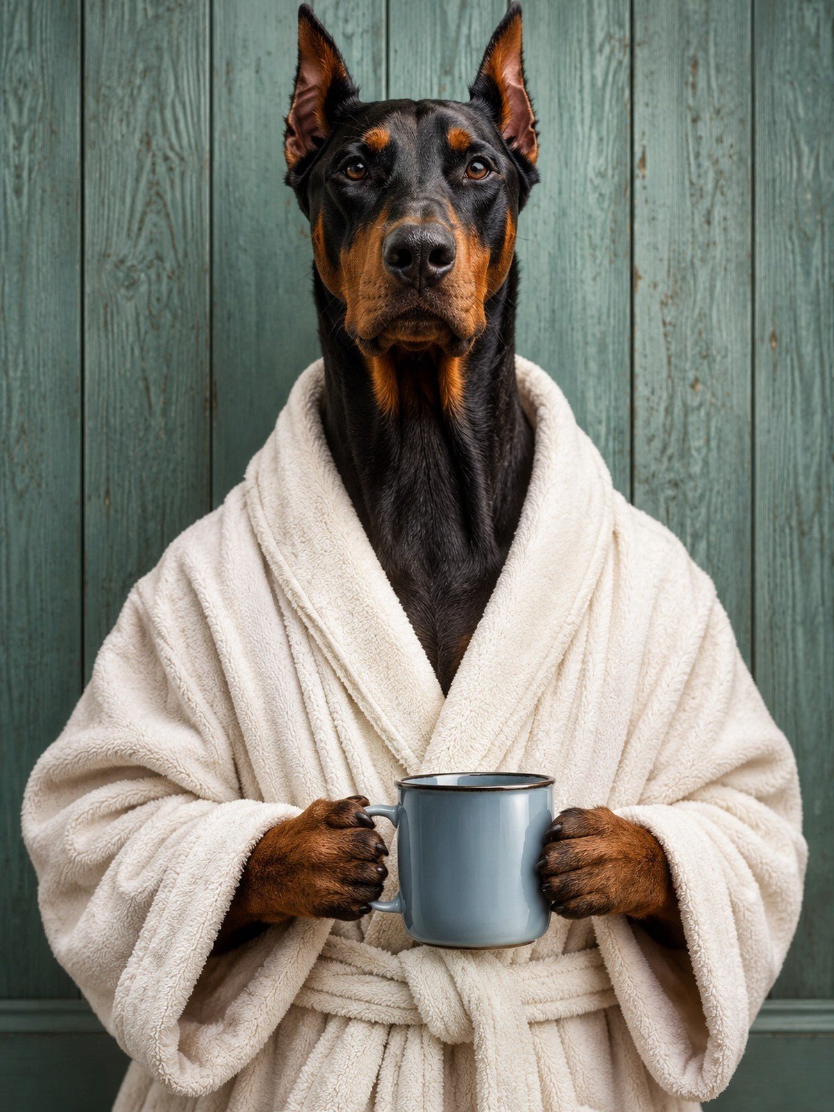 Doberman de Roupão com Caneca