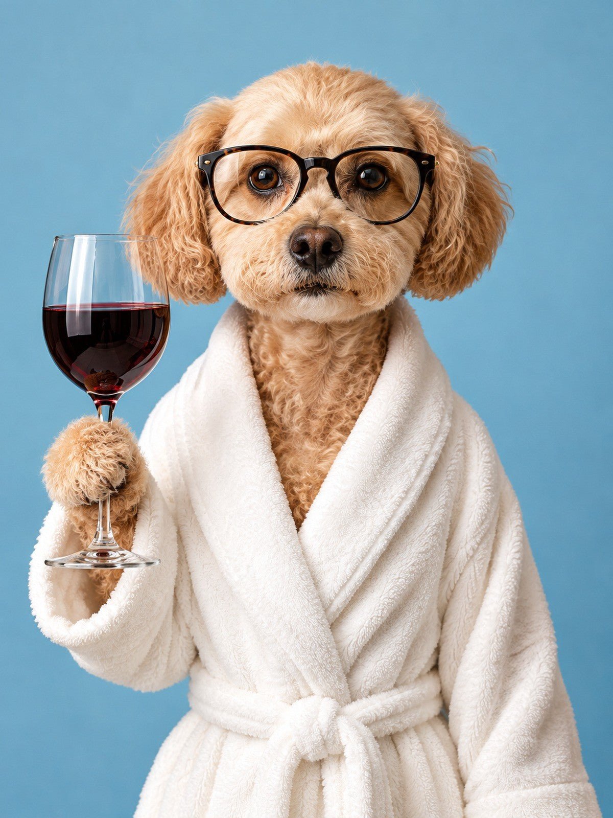 Cachorrinho de Roupão com Óculos e Taça de Vinho